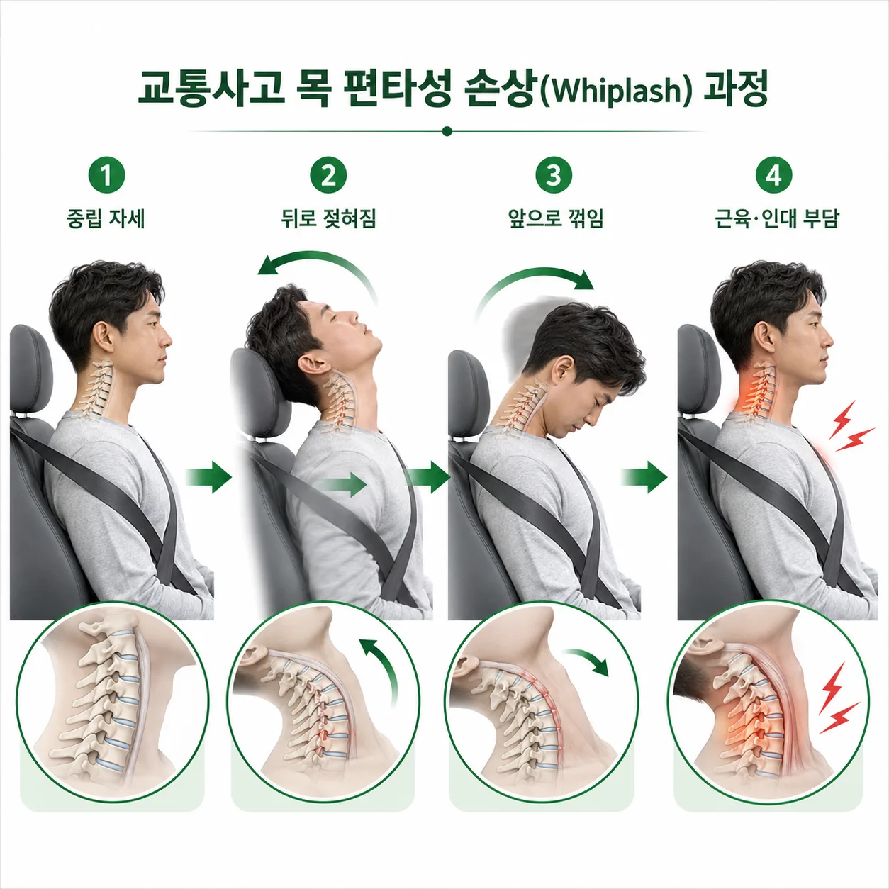 교통사고 편타성 손상으로 목이 꺾이는 과정 일러스트