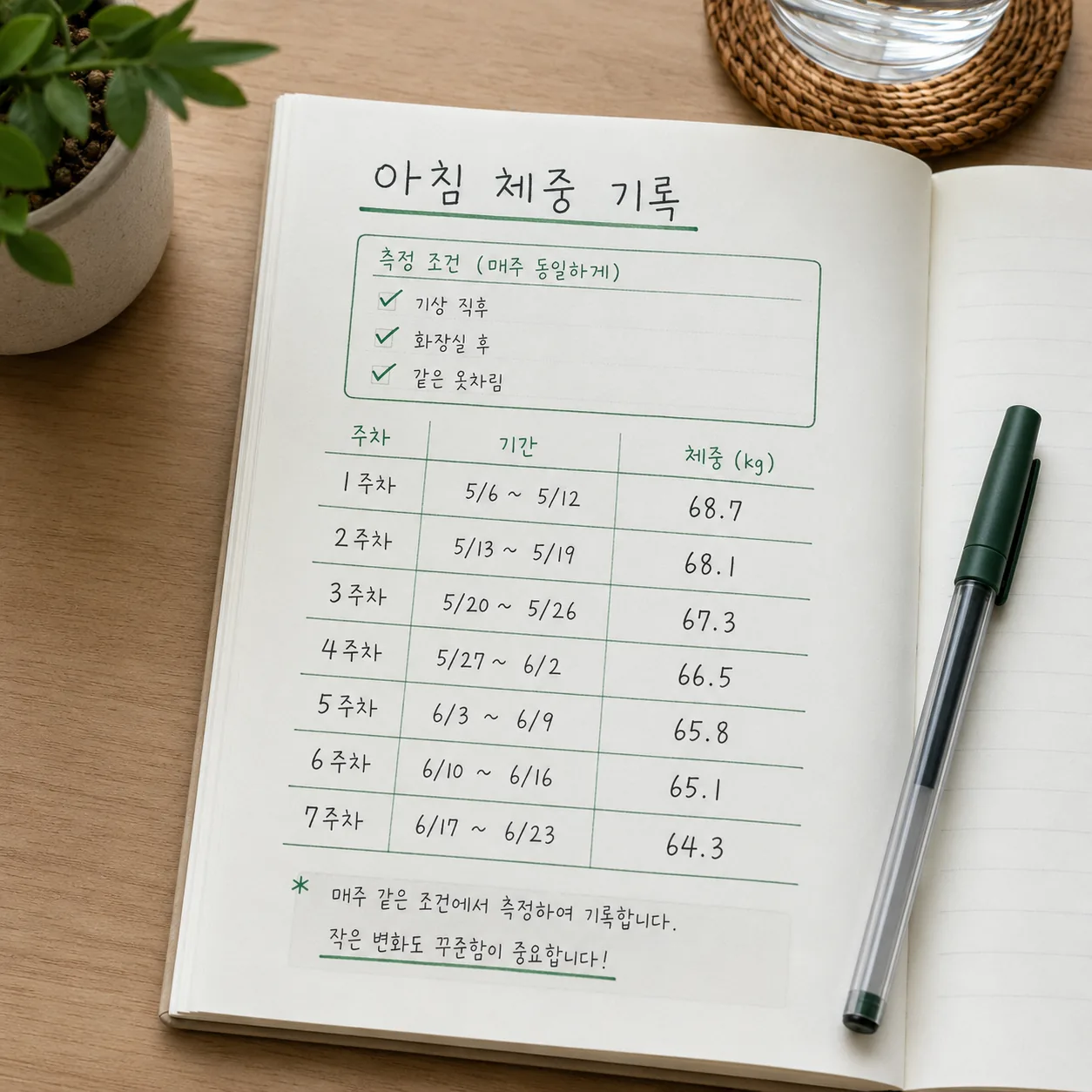 체중 7일 평균을 적어 둔 기록 노트