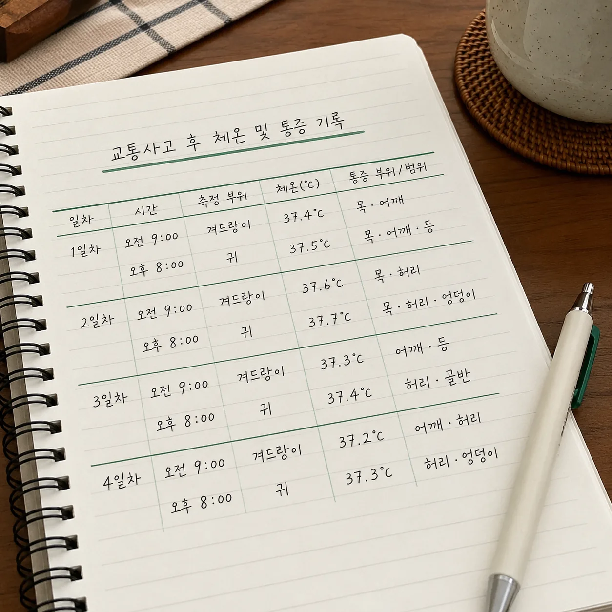교통사고 후 며칠간 체온과 통증 변화를 기록한 노트