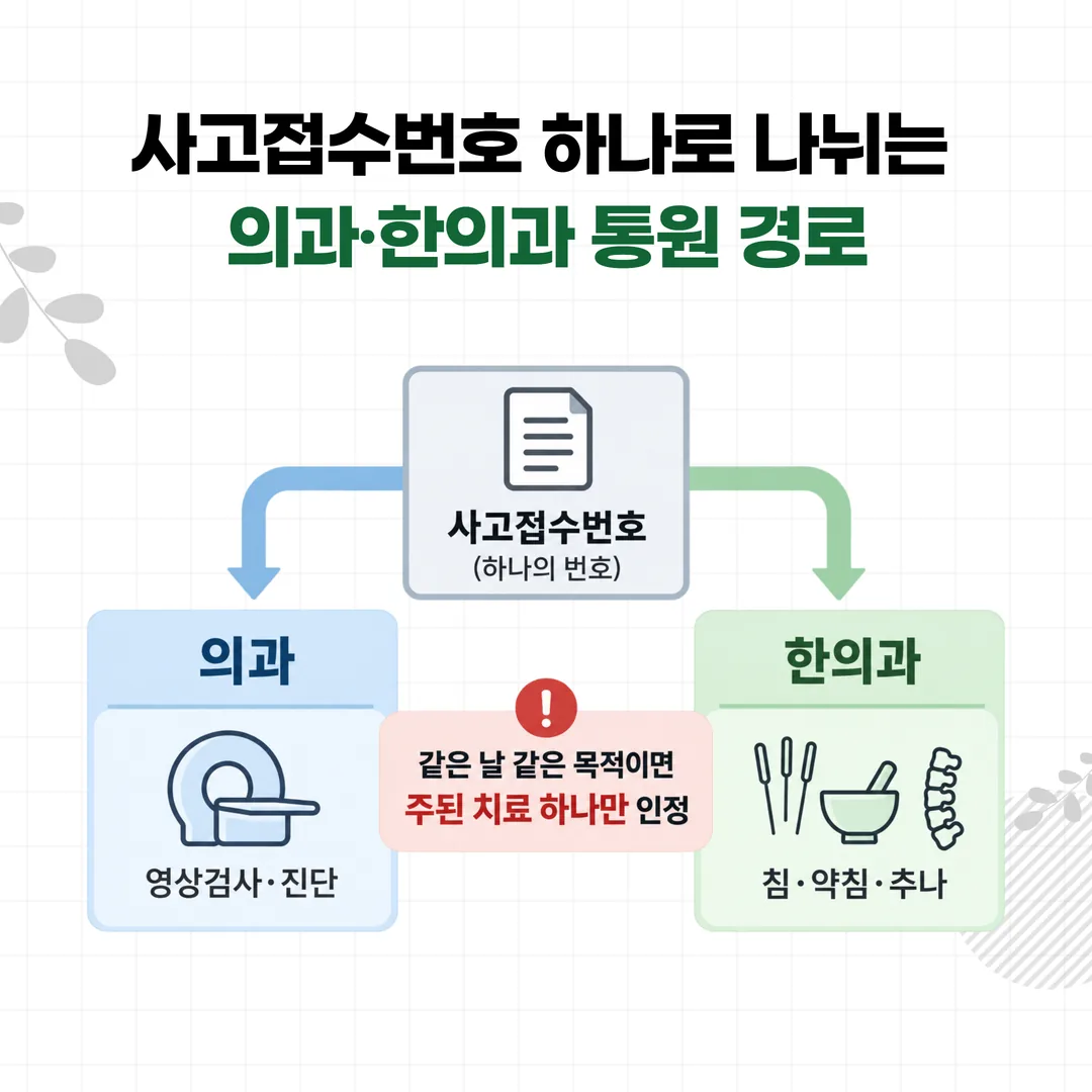 사고접수번호 하나에서 의과 통원과 한의과 통원이 갈라지는 구조를 보여주는 개념도