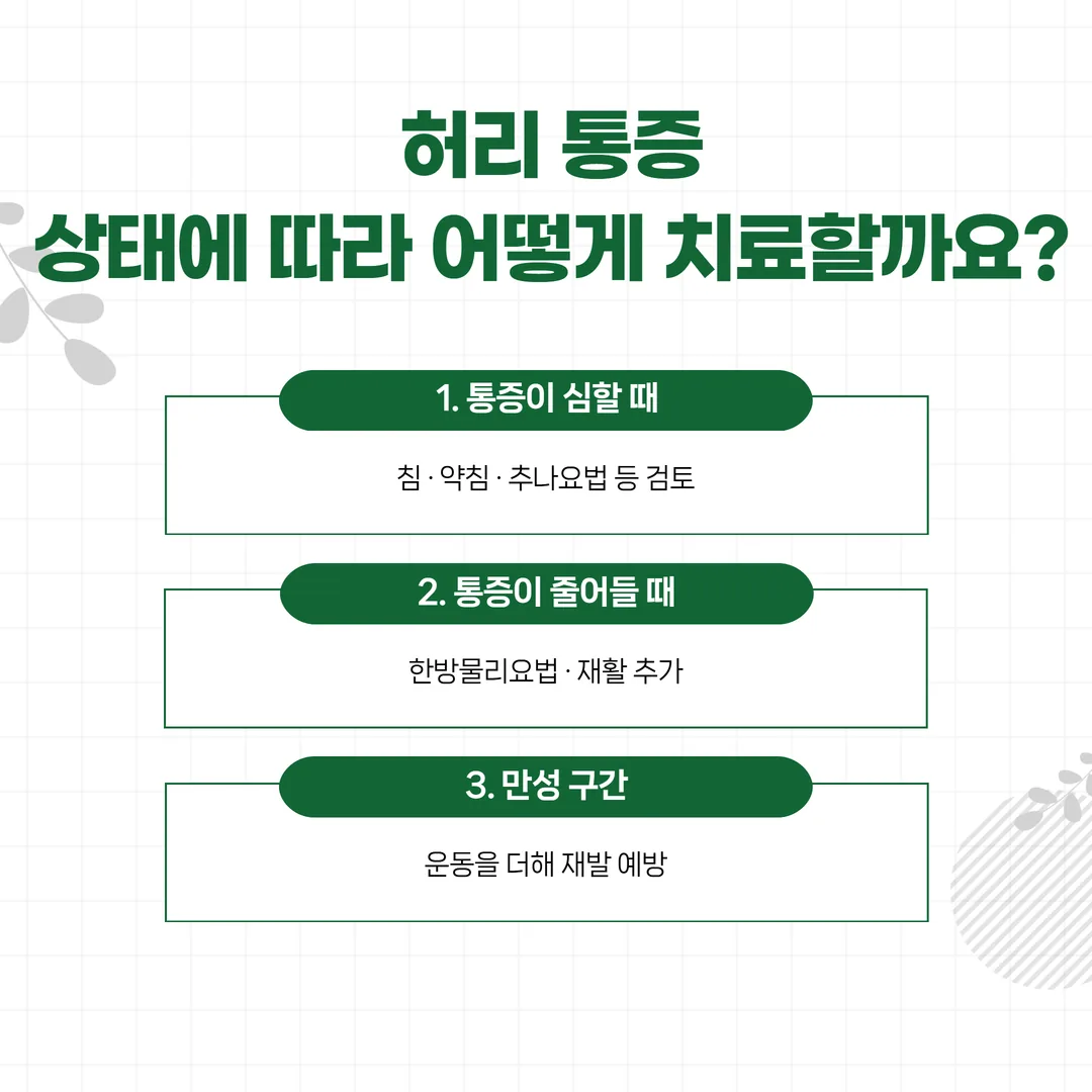 네 가지 치료 수단을 급성 구간과 만성 구간의 시간축에 배치한 그림