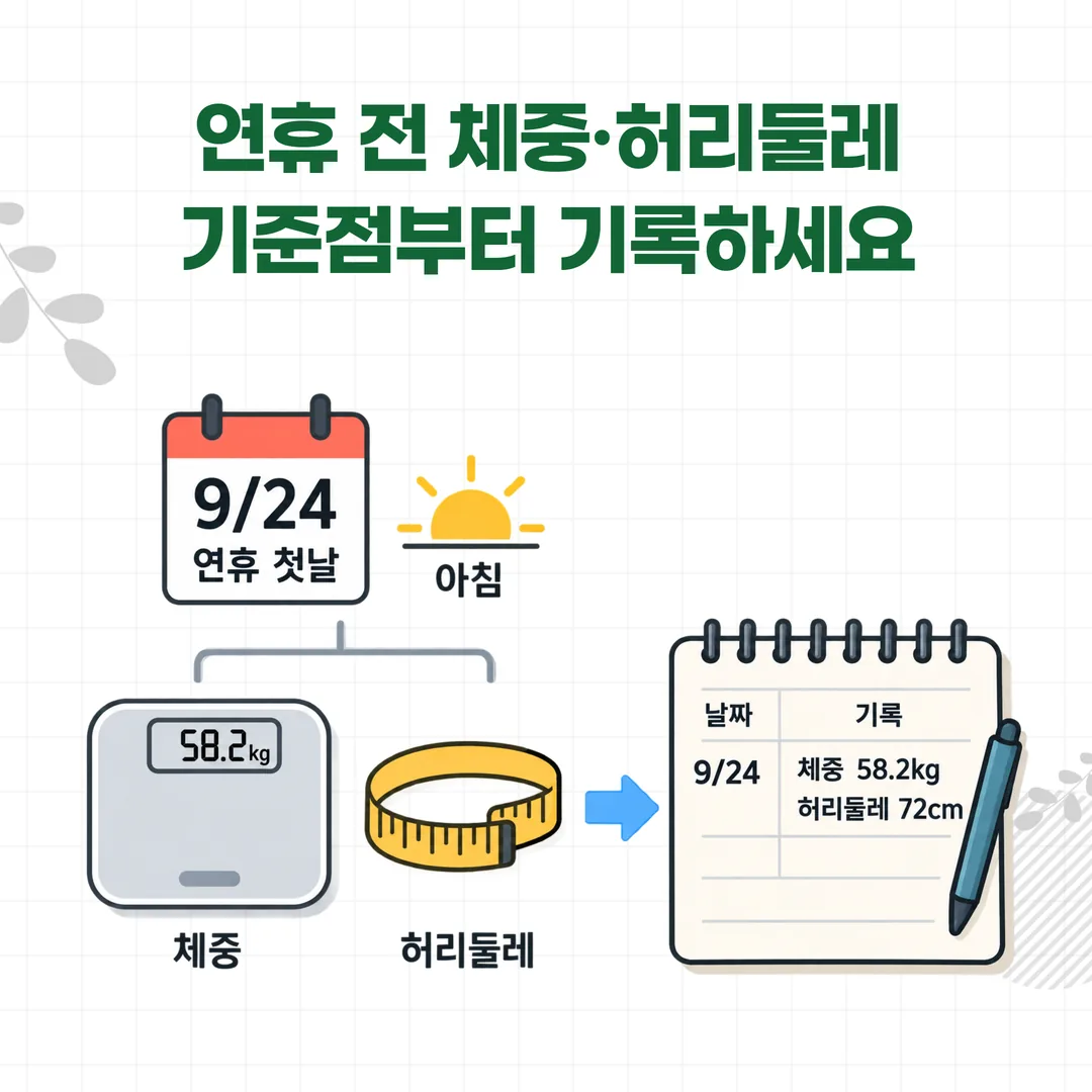 연휴 전 체중과 허리둘레를 기준점으로 기록하는 방법을 보여 주는 도식
