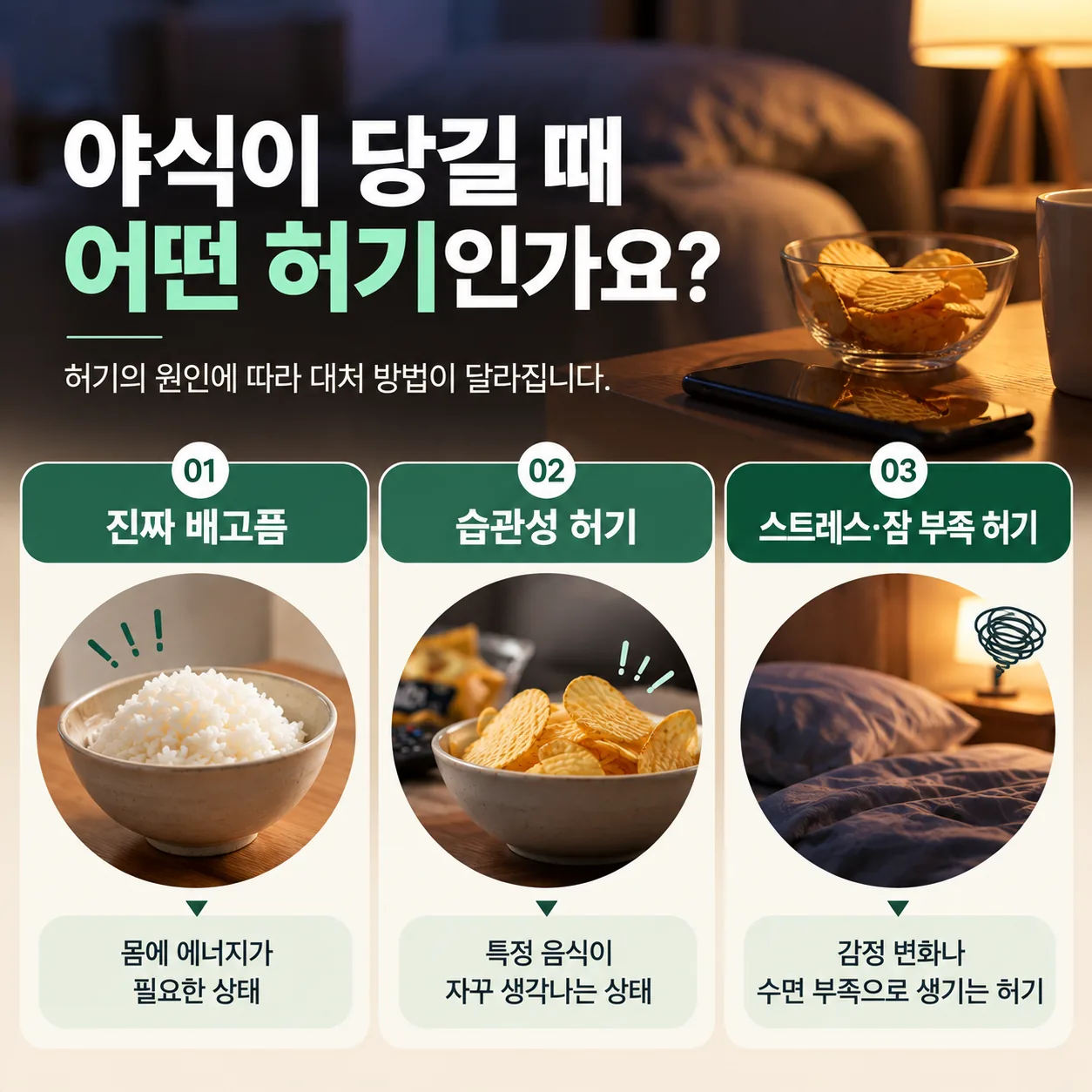 야식이 당길 때 구별하는 세 가지 허기 유형 개념도