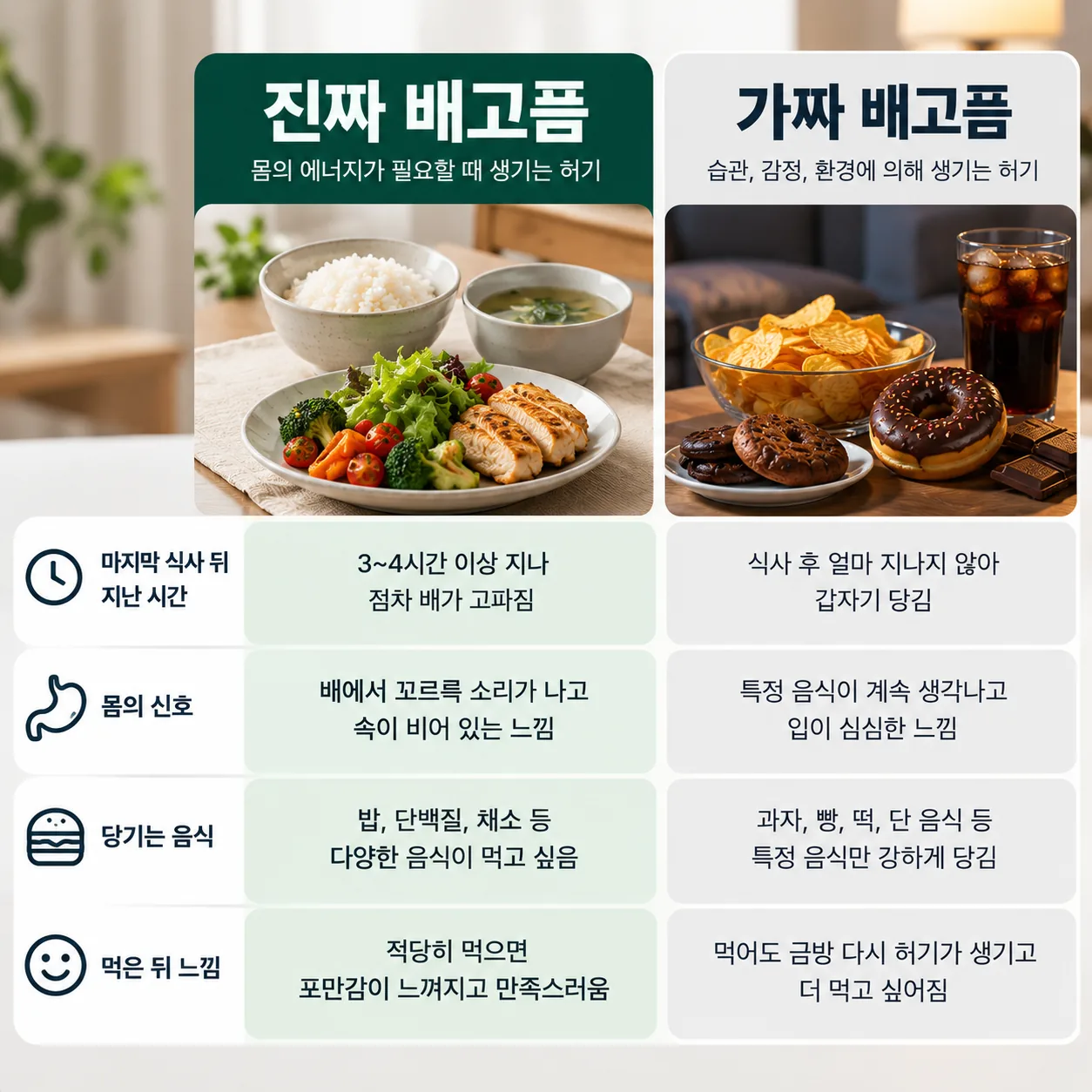 진짜 배고픔과 가짜 배고픔을 네 가지 기준으로 비교한 표