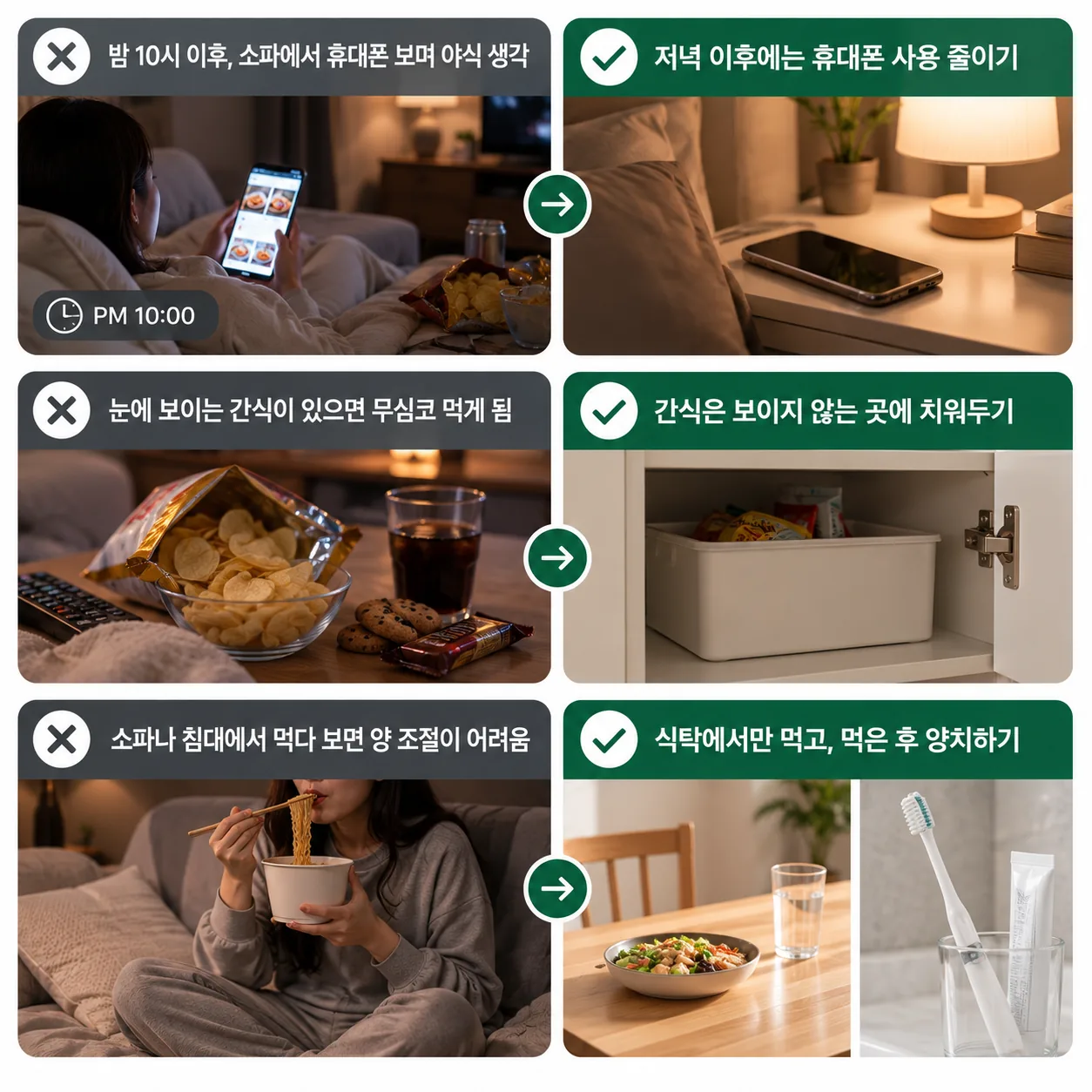 습관성 허기를 부르는 장면과 바꾸는 방법을 짝지은 그림표