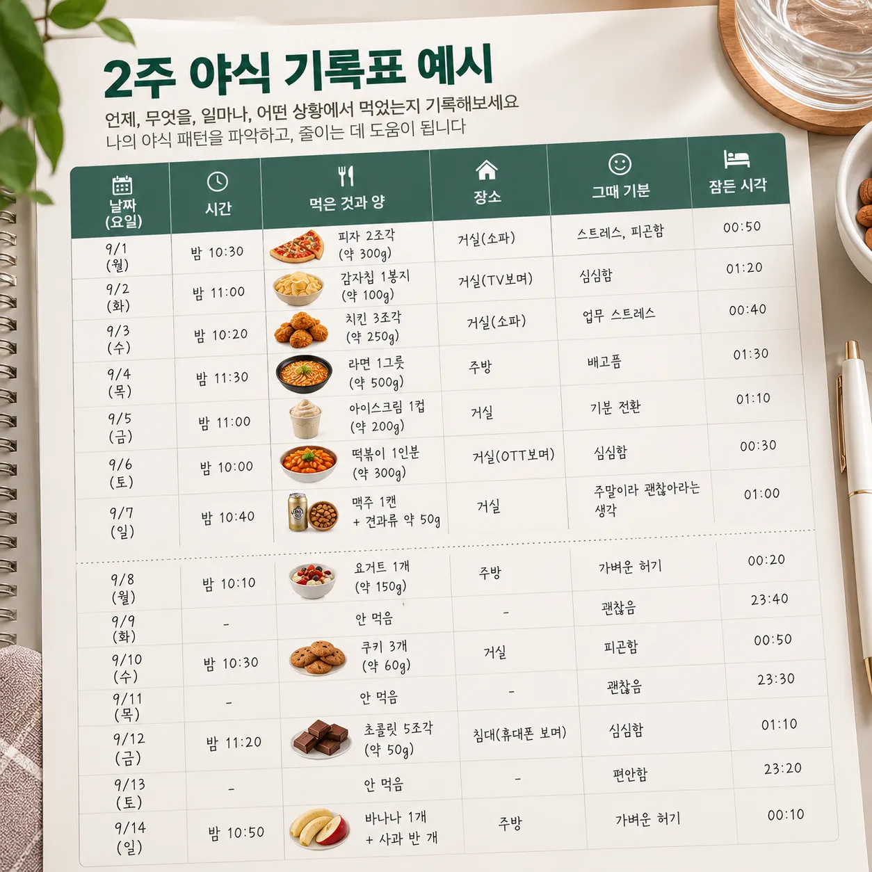 야식 습관을 고치기 위한 2주 야식 기록표 예시