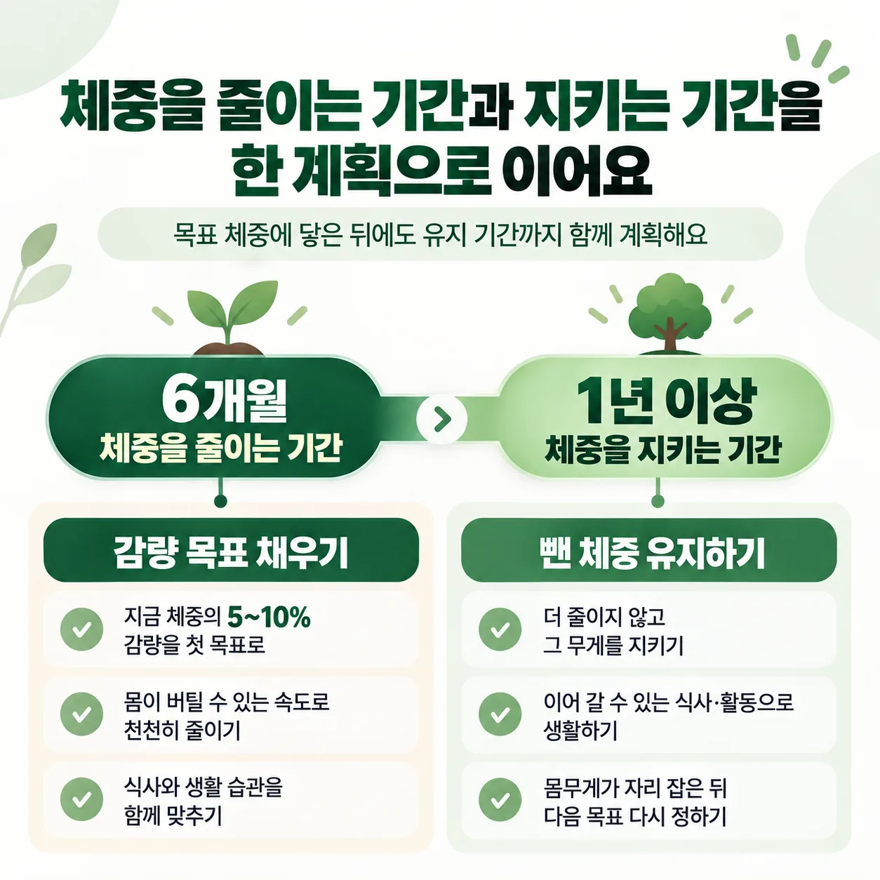 체중을 줄이는 기간과 지키는 기간을 한 계획으로 이은 다이어트 계획 흐름도