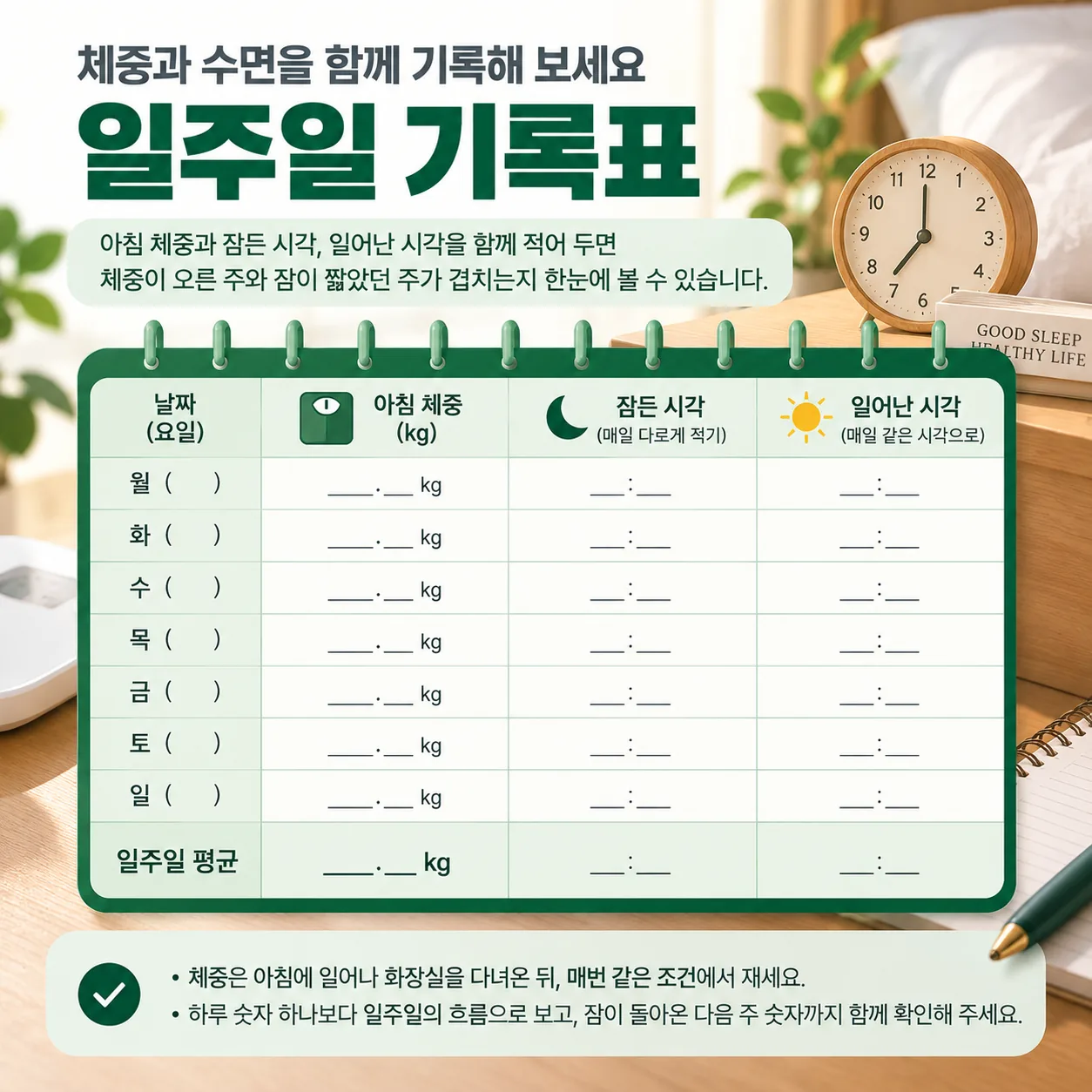 아침 체중과 잠든 시각, 일어난 시각을 함께 적는 일주일 기록표