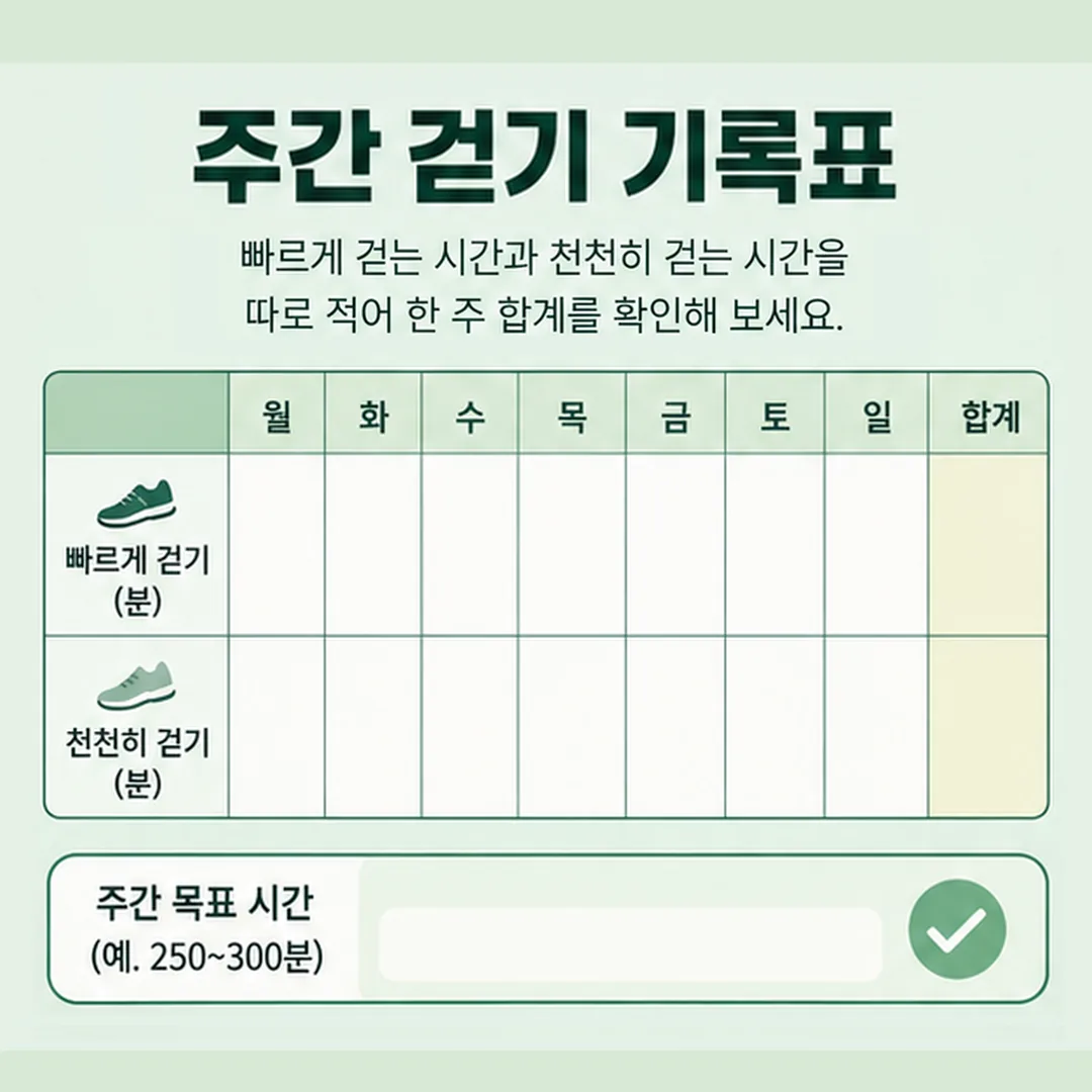 빠르게 걸은 시간과 천천히 걸은 시간을 요일별로 나눠 적는 주간 걷기 기록표