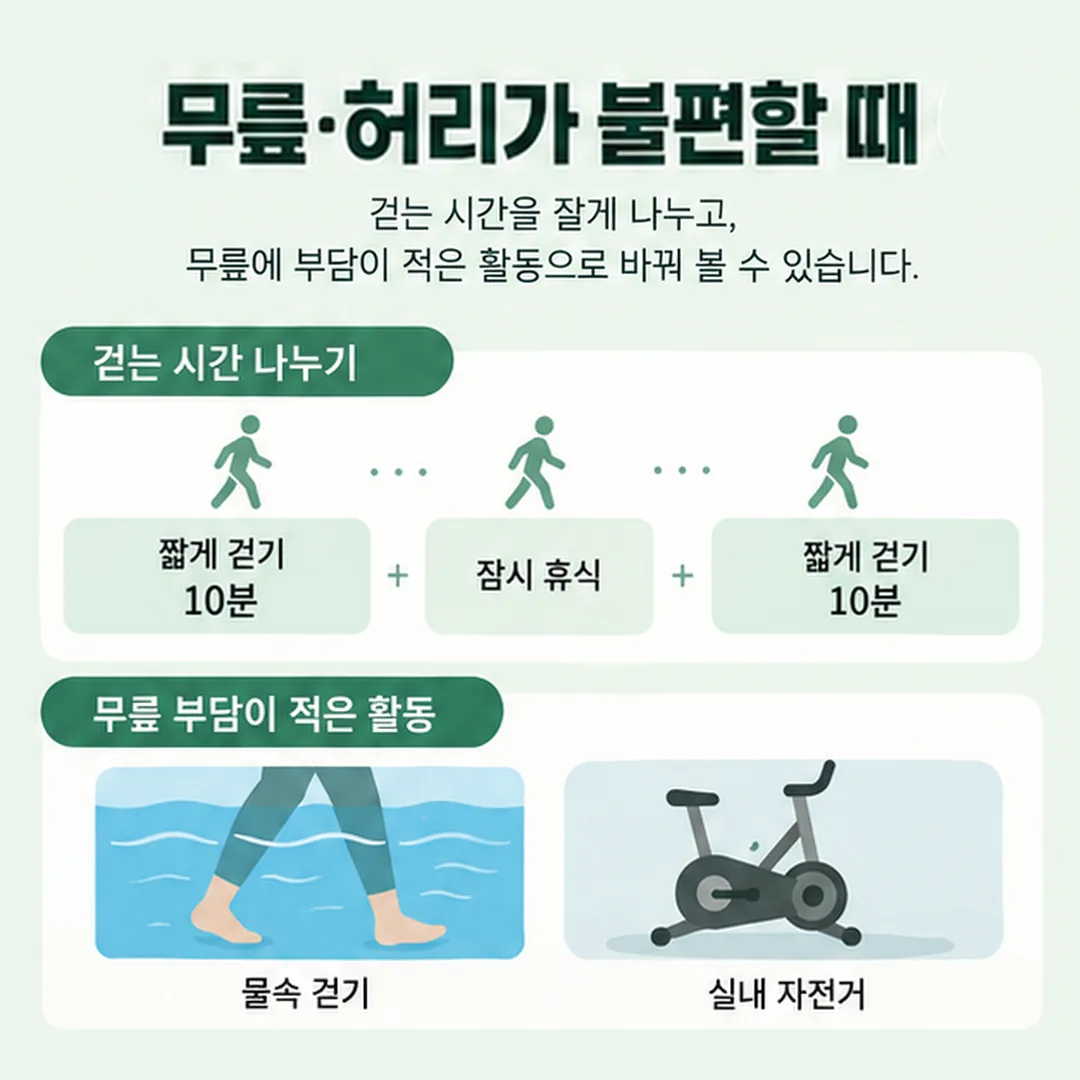 무릎과 허리가 불편할 때 걷기 시간을 나누는 방법과 무릎 부담이 적은 활동 안내