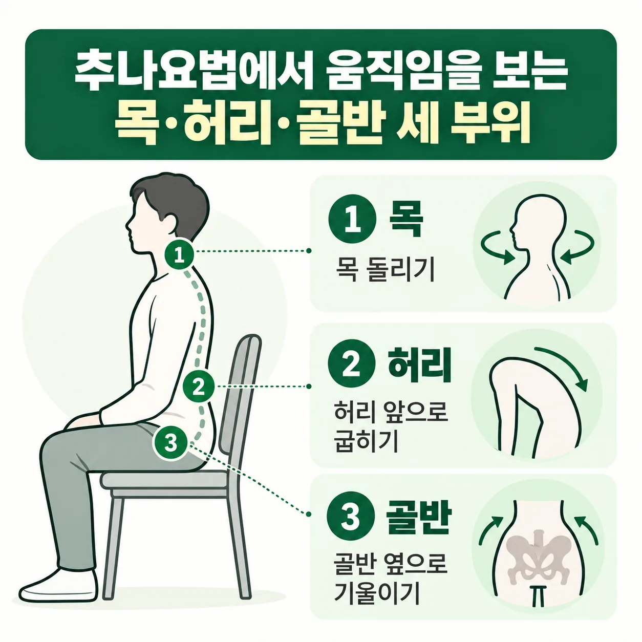 추나요법에서 움직임을 보는 목과 허리, 골반 세 부위를 번호로 나타낸 개념도