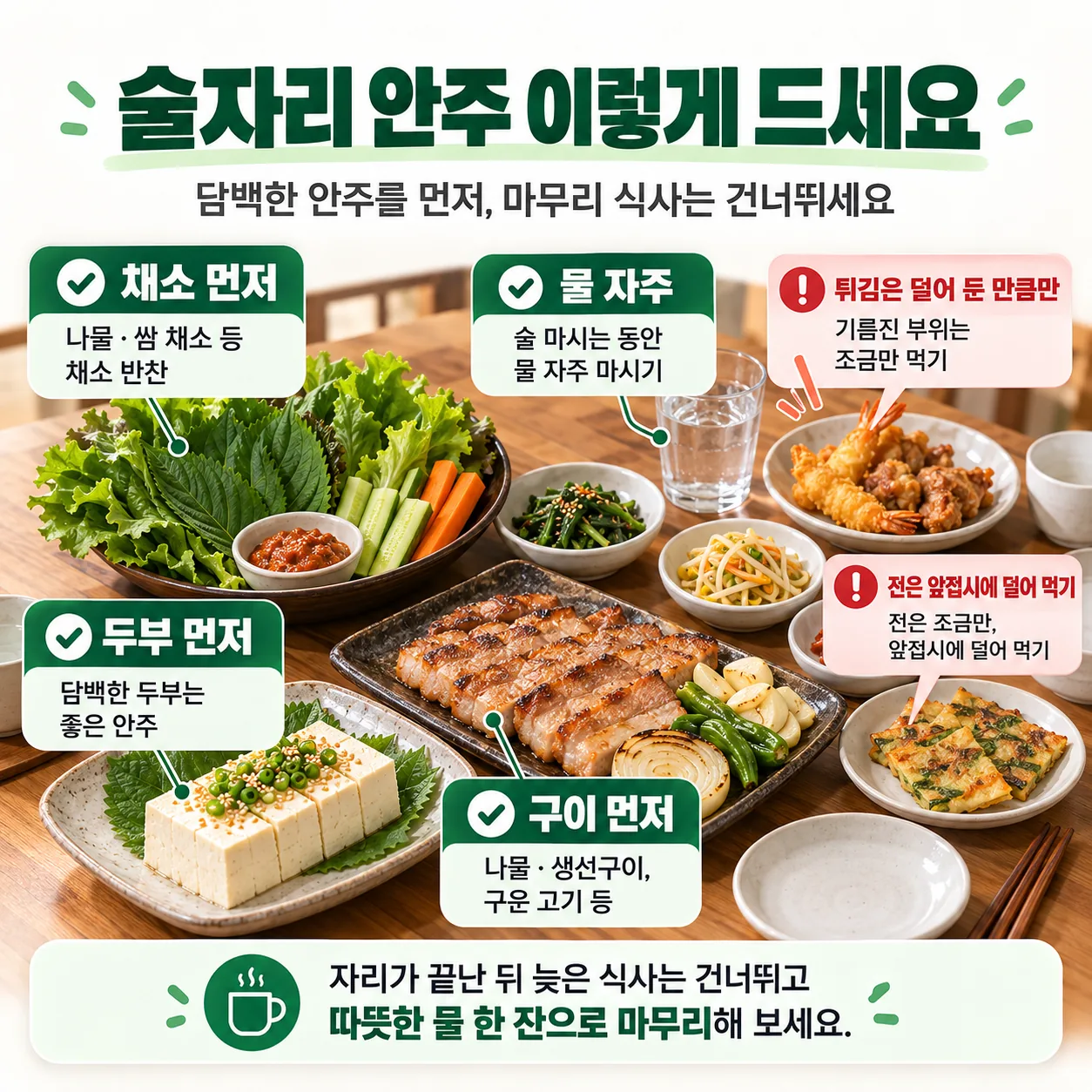 채소와 두부와 구이 안주를 앞에 두고 튀김은 앞접시에 덜어 둔 술자리 안주 배치 그림