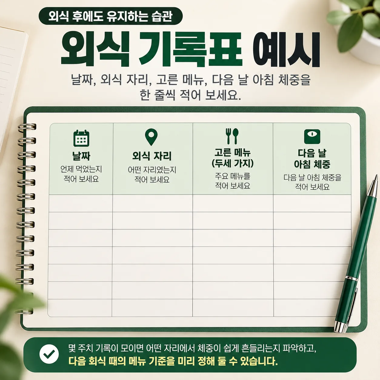 날짜와 외식 자리와 고른 메뉴와 다음 날 아침 체중을 적는 외식 기록표 양식